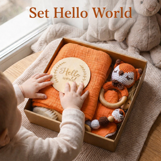 Set Hello World   Caja Regalo Bebé | Sonajero Crochet Animal + sujeta Chupetes + Muselina y peine suave