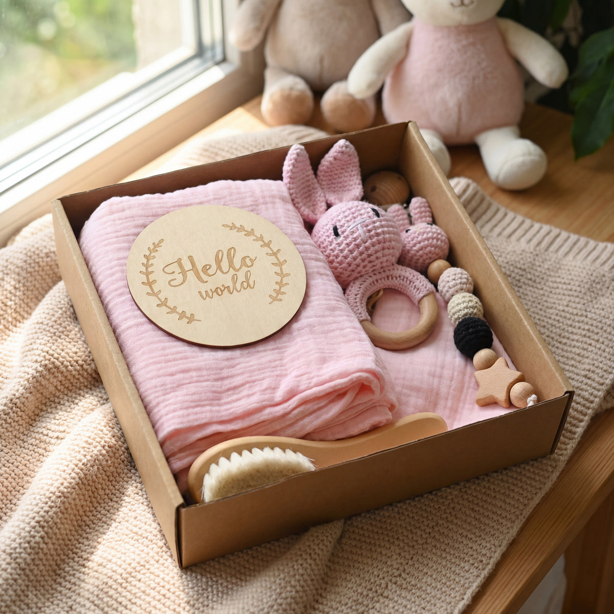 Set Hello World   Caja Regalo Bebé | Sonajero Crochet Animal + sujeta Chupetes + Muselina y peine suave