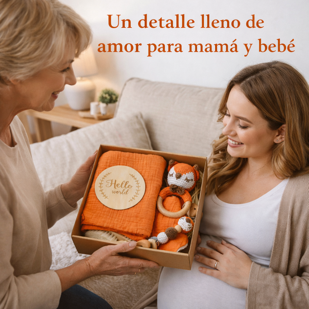 Set Hello World   Caja Regalo Bebé | Sonajero Crochet Animal + sujeta Chupetes + Muselina y peine suave