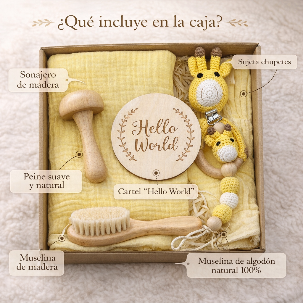 Set Hello World   Caja Regalo Bebé | Sonajero Crochet Animal + sujeta Chupetes + Muselina y peine suave
