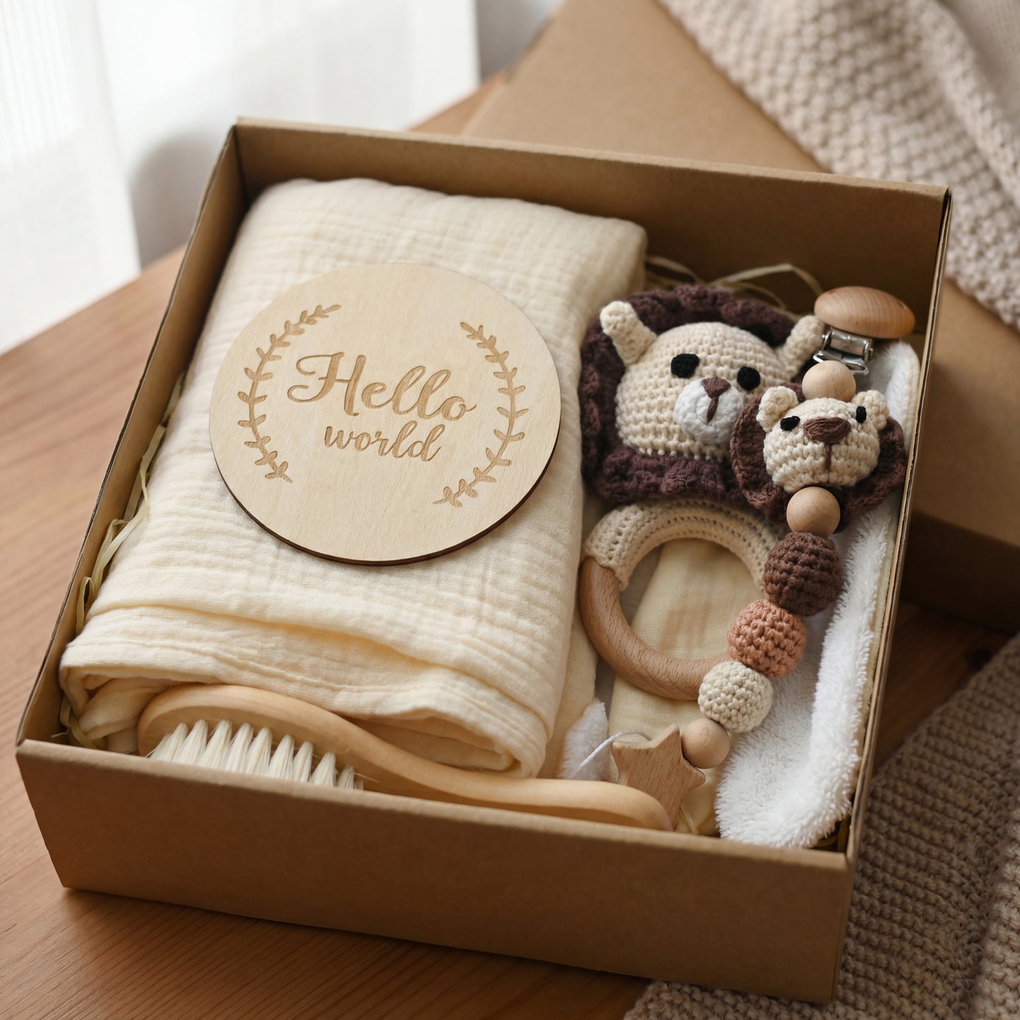 Set Hello World   Caja Regalo Bebé | Sonajero Crochet Animal + sujeta Chupetes + Muselina y peine suave