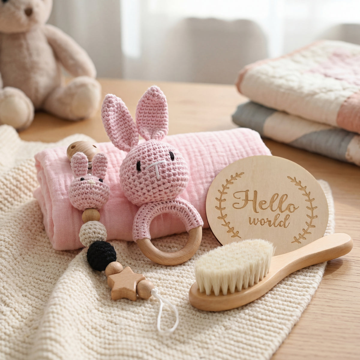 Set Hello World   Caja Regalo Bebé | Sonajero Crochet Animal + sujeta Chupetes + Muselina y peine suave