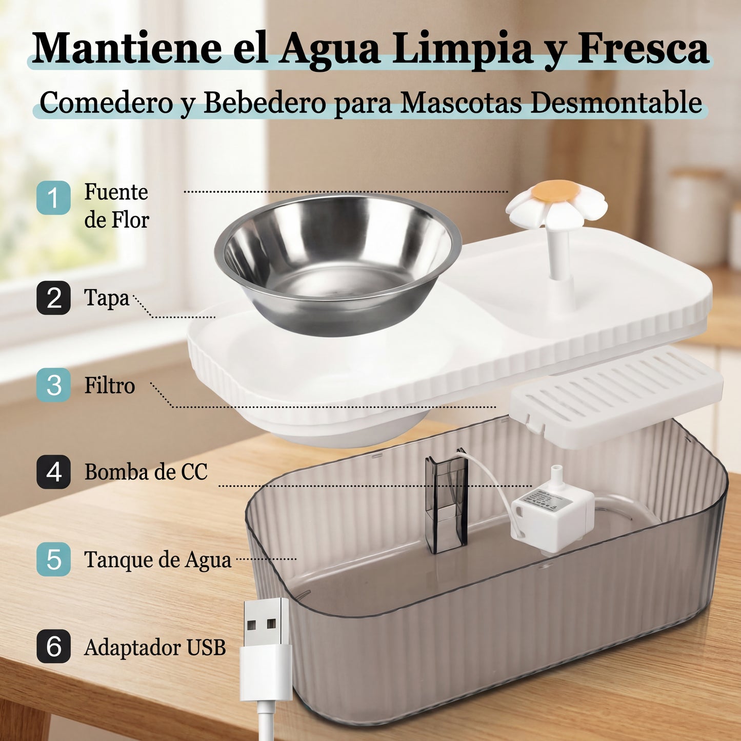 Comedero y bebedero de mascotas con fuente